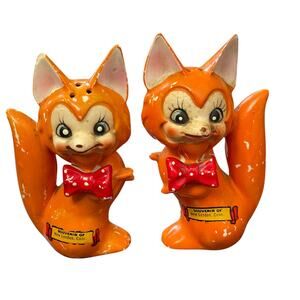 Vintage Elvin Anthropomorphic Fox Salt & Pepper Shakers Orange w/ Red Bow Tie